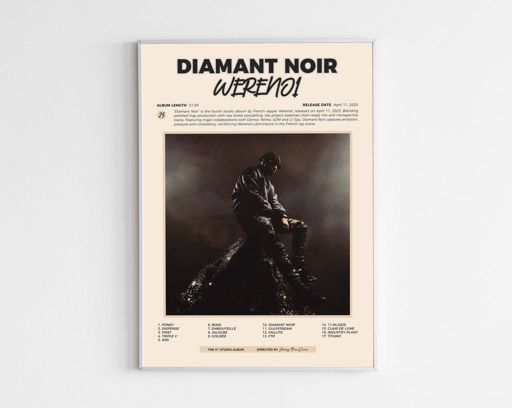 Poster minimaliste encadré de l'album Diamant Noir de Werenoi bien visible sur fond blanc, impression premium 300g.