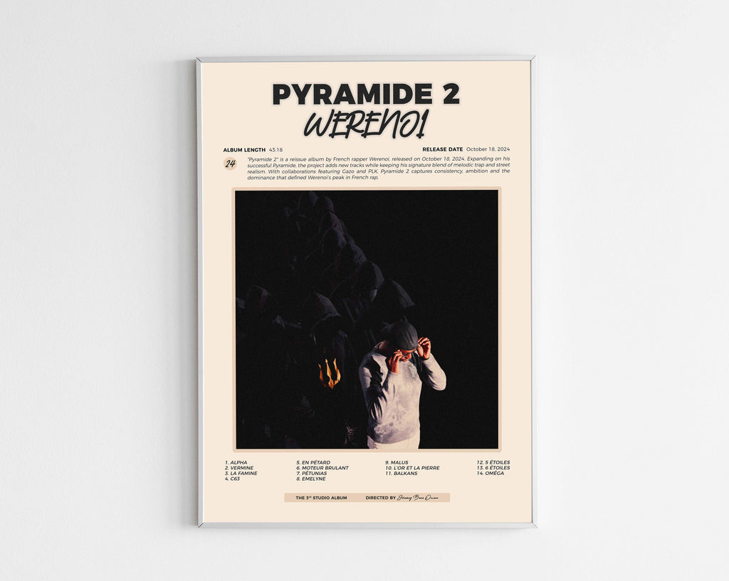 Poster minimaliste encadré de l'album Pyramide 2 de Werenoi bien visible sur fond blanc, impression premium 300g.