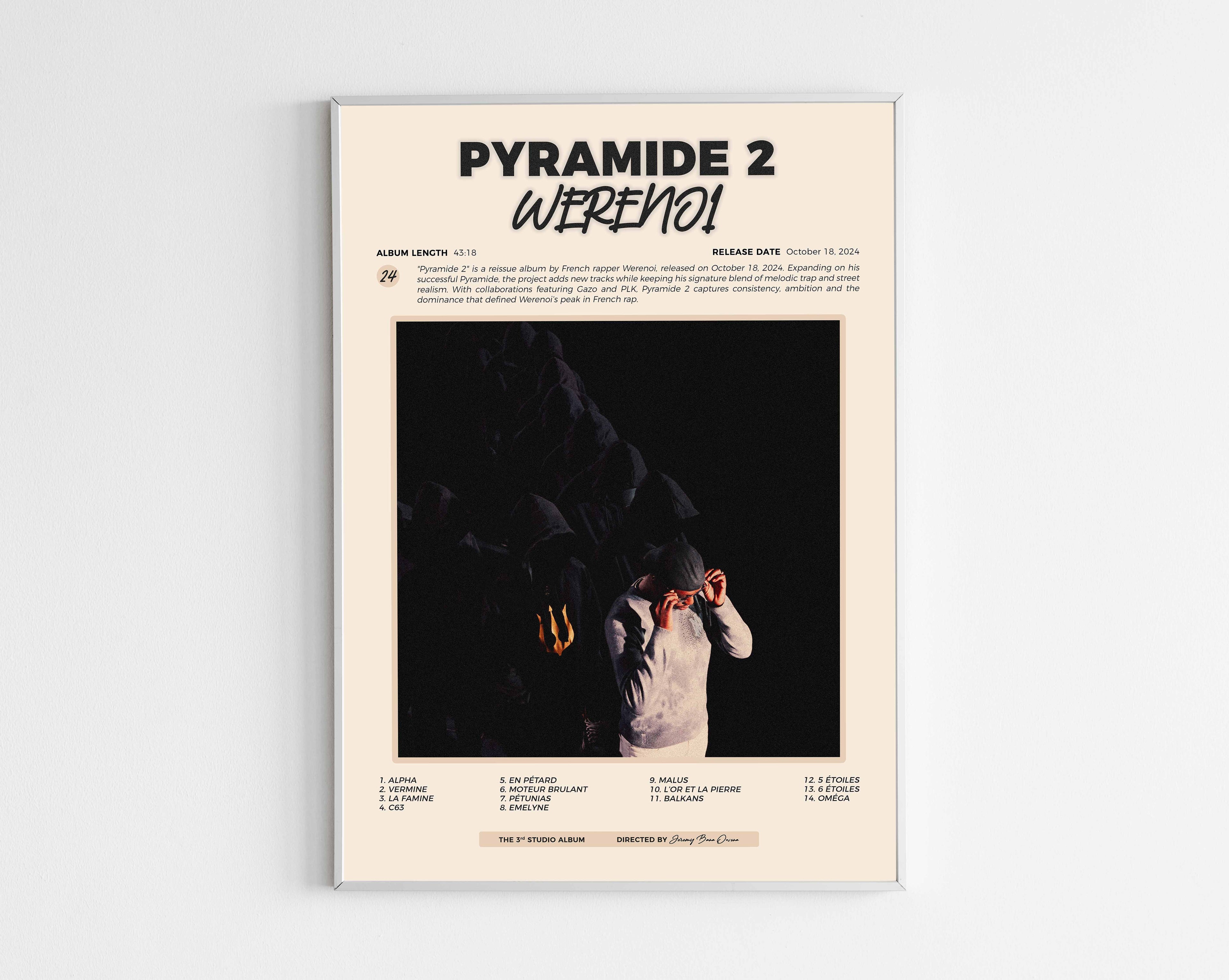 Poster minimaliste encadré de l'album Pyramide 2 de Werenoi bien visible sur fond blanc, impression premium 300g.