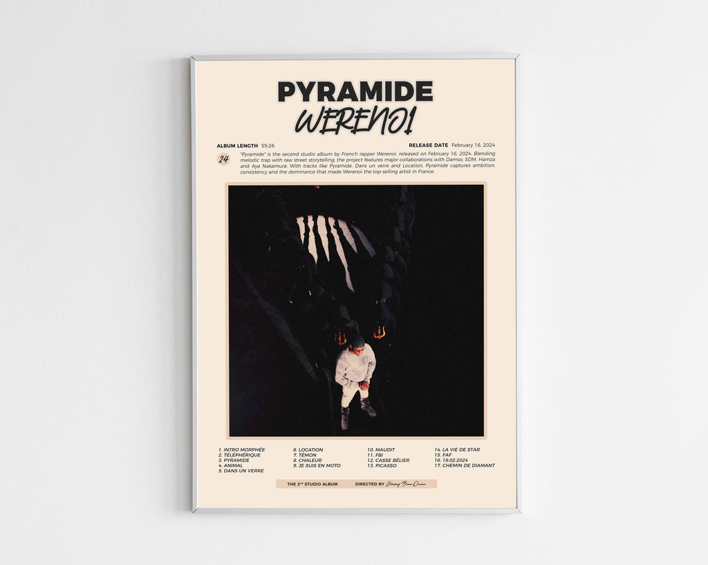 Poster minimaliste encadré de l'album Pyramide de Werenoi bien visible sur fond blanc, impression premium 300g.