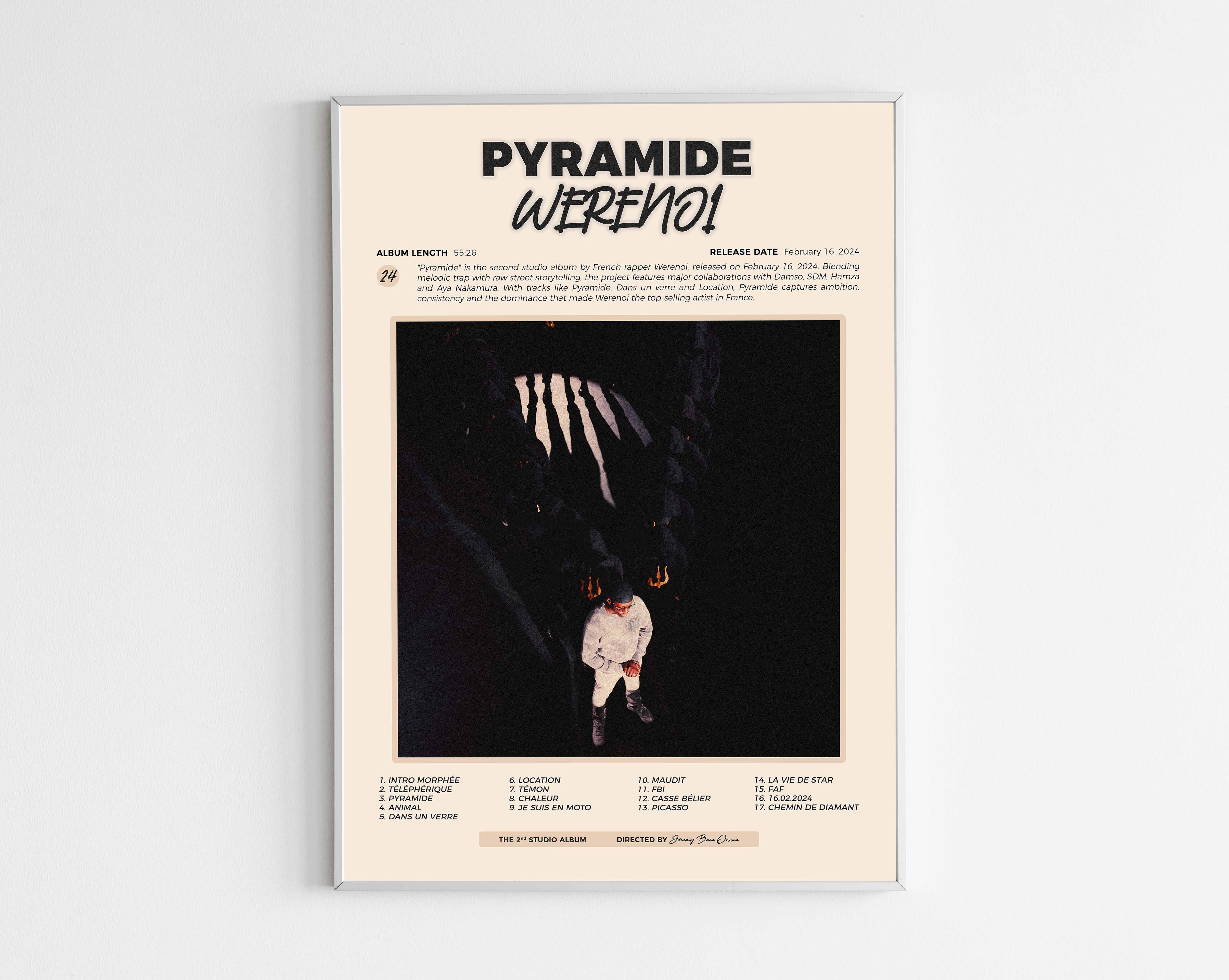 Poster minimaliste encadré de l'album Pyramide de Werenoi bien visible sur fond blanc, impression premium 300g.