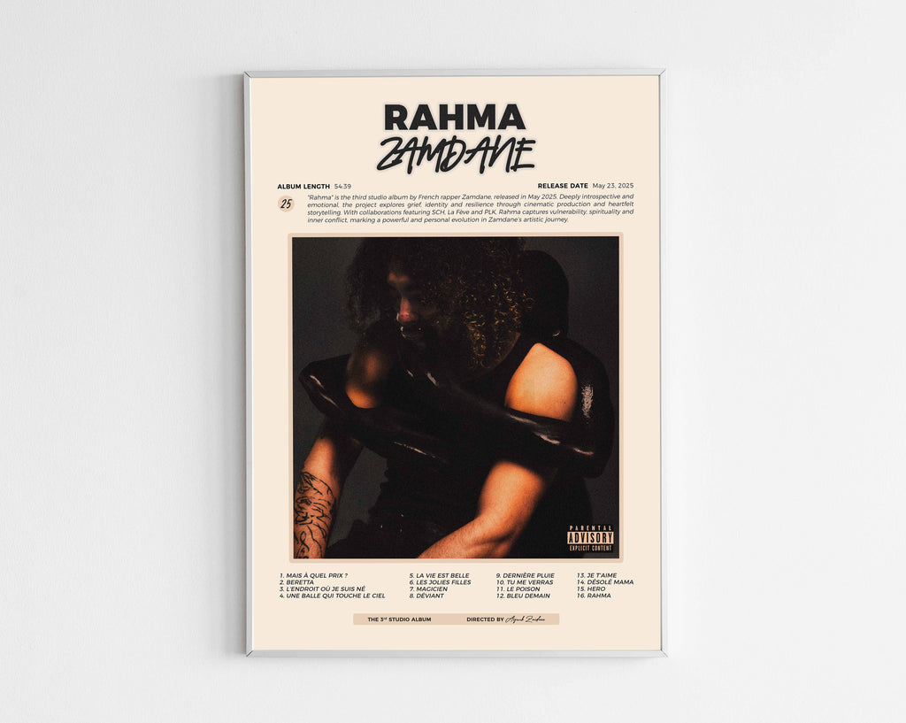 Poster minimaliste encadré de l'album Rahma de Zamdane bien visible sur fond blanc, impression premium 300g.