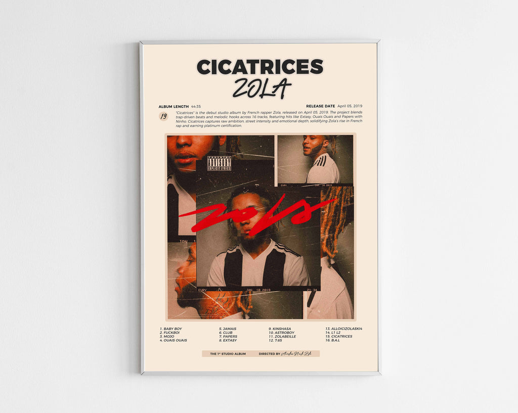 Poster design de l'album Cicatrices de Zola, style minimaliste avec tracklist et détails de production, idéal pour collectionneur de rap français.