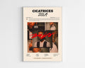 Poster design de l'album Cicatrices de Zola, style minimaliste avec tracklist et détails de production, idéal pour collectionneur de rap français.