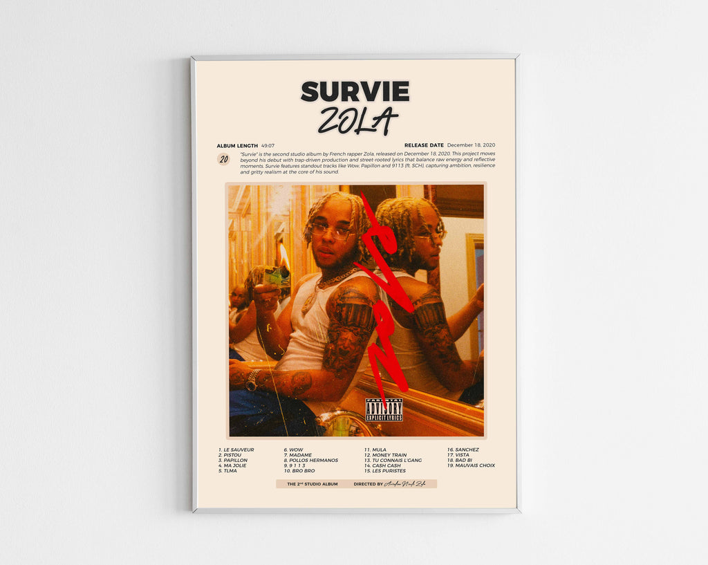 Poster minimaliste encadré de l'album Survie de Zola bien visible sur fond blanc, impression premium 300g.